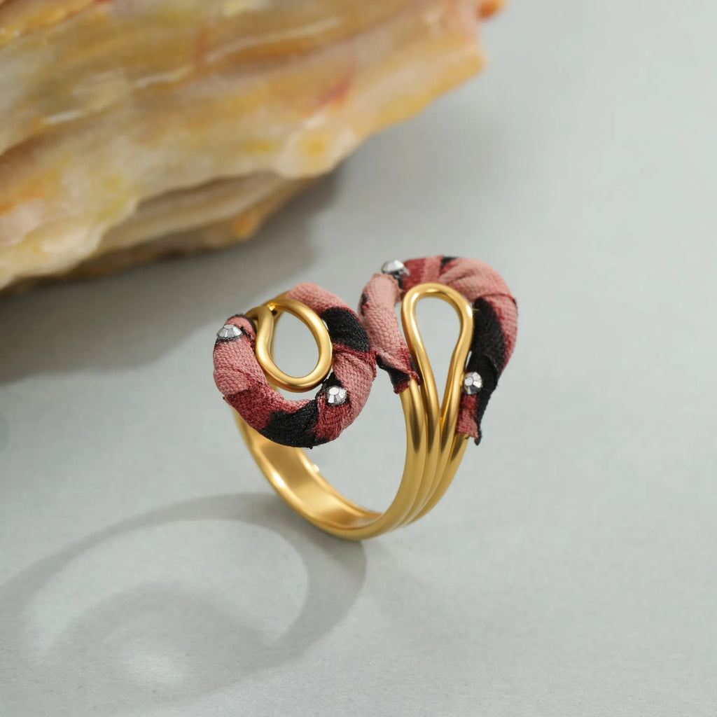 Stainless steel open mouth ring with electroplated leopard print and irregular heart and star geometry