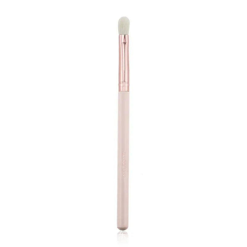 26 pink makeup brushes with wooden handles arranged in a PU carry case.