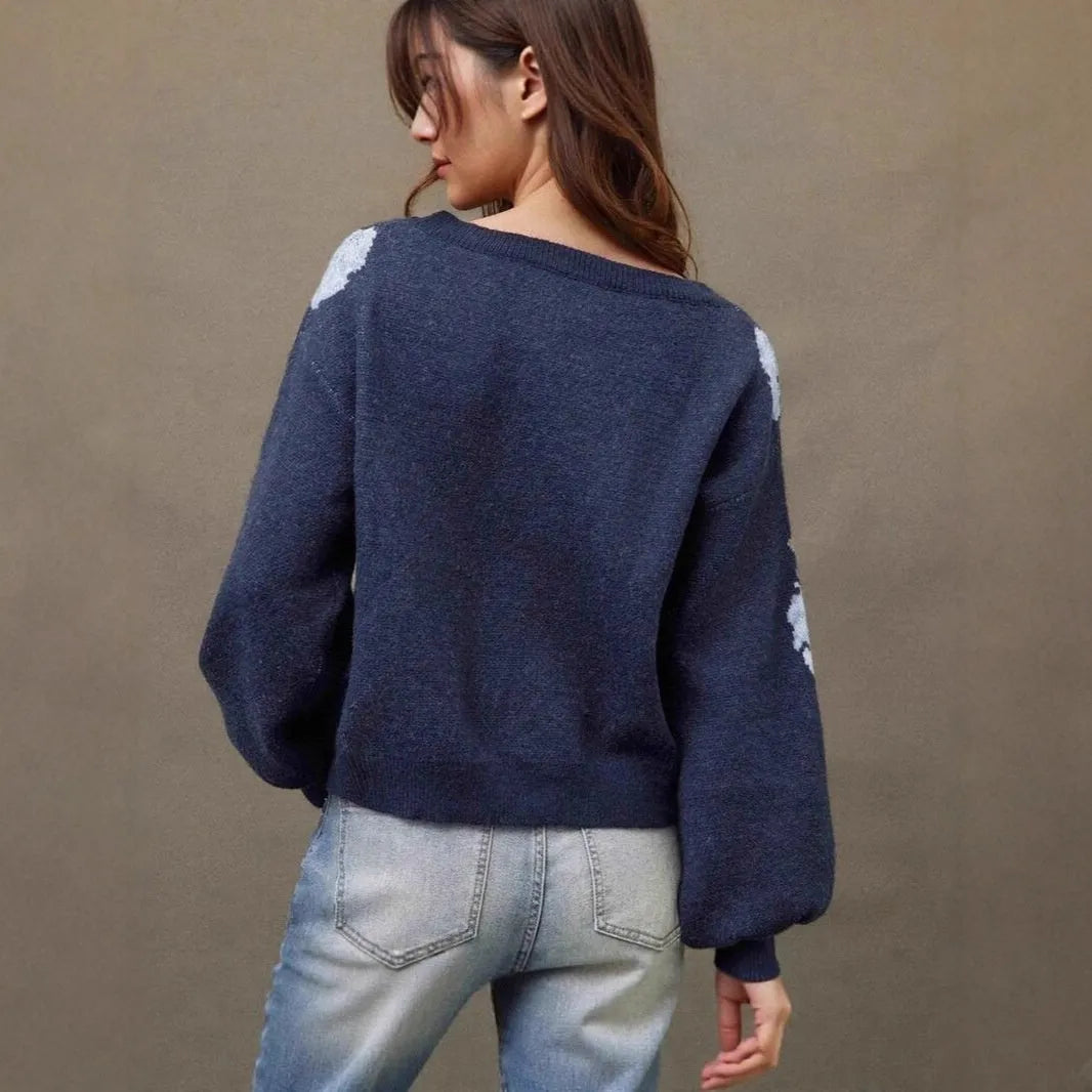Sapphire Blue women's pullover sweater with flower jacquard pattern and loose casual fit