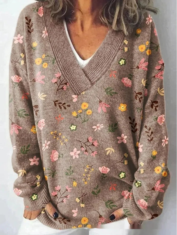Women's V-neck floral print sweatshirt with 3D effect and long sleeves in art retro style.