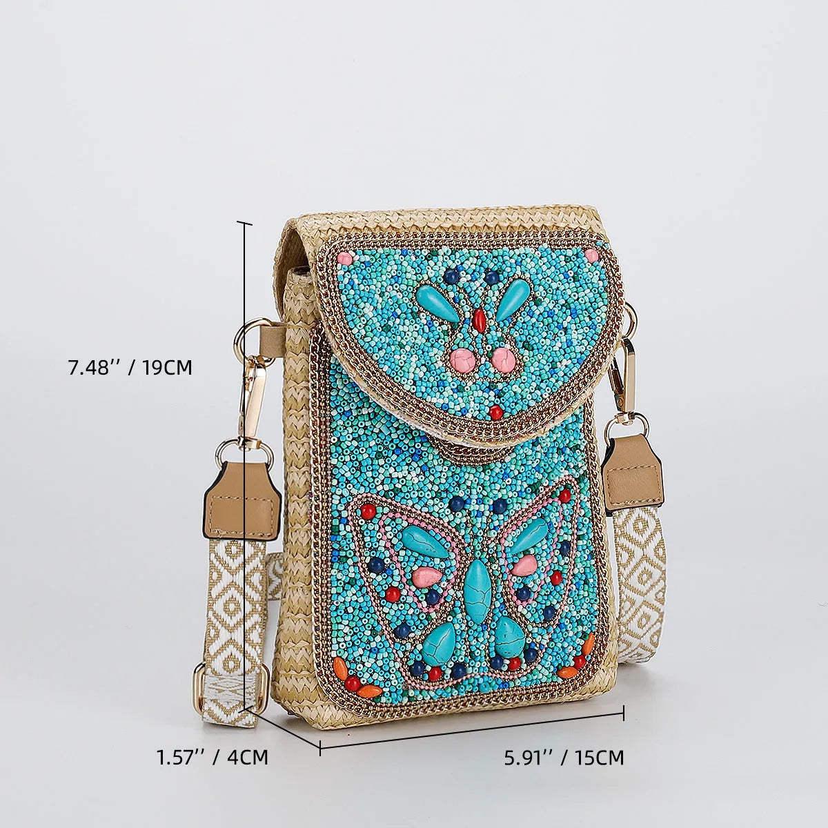 Rice bead straw woven women's crossbody shoulder bag square vertical shape with phone pocket