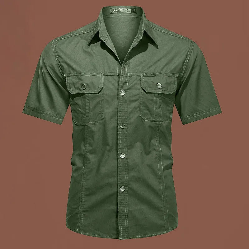 Men's army green cotton short sleeve work shirt with a loose fit and non-iron finish.