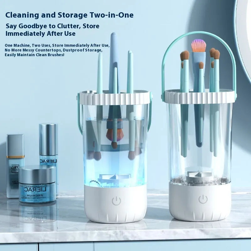 White plastic rechargeable electric makeup brush cleaner with USB cable