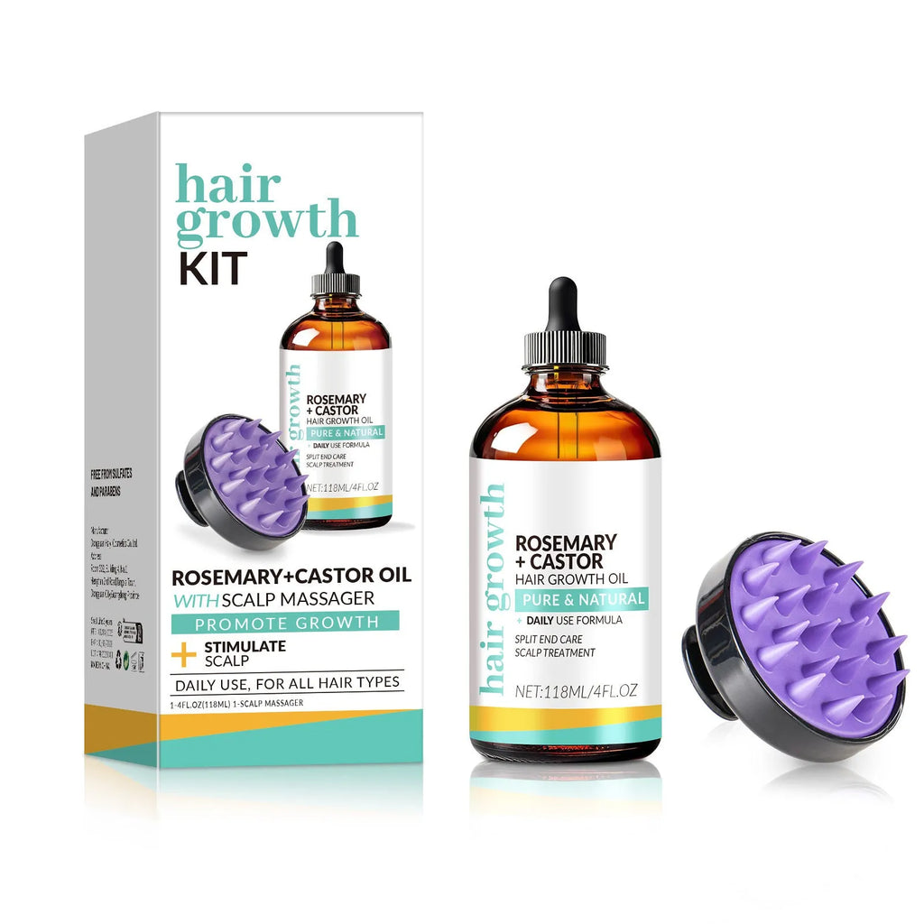 Hair treatment oil bottle with 118ml content and attached massage brush applicator