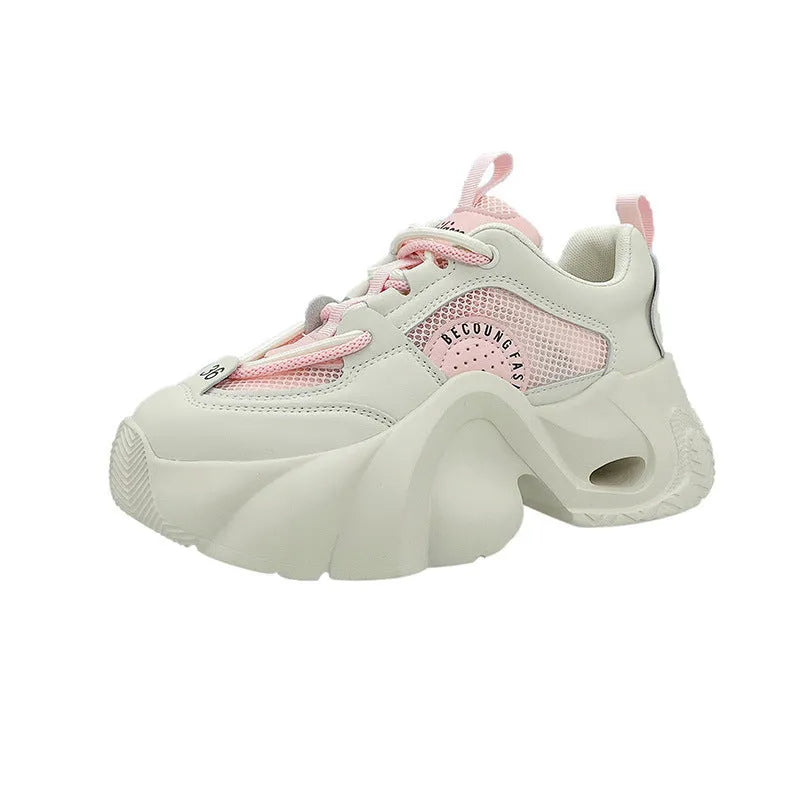 Women's beige sneakers with a cross strap and thick sole