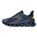 Men's low-top black mesh casual sports shoes with white laces and a light EVA sole.