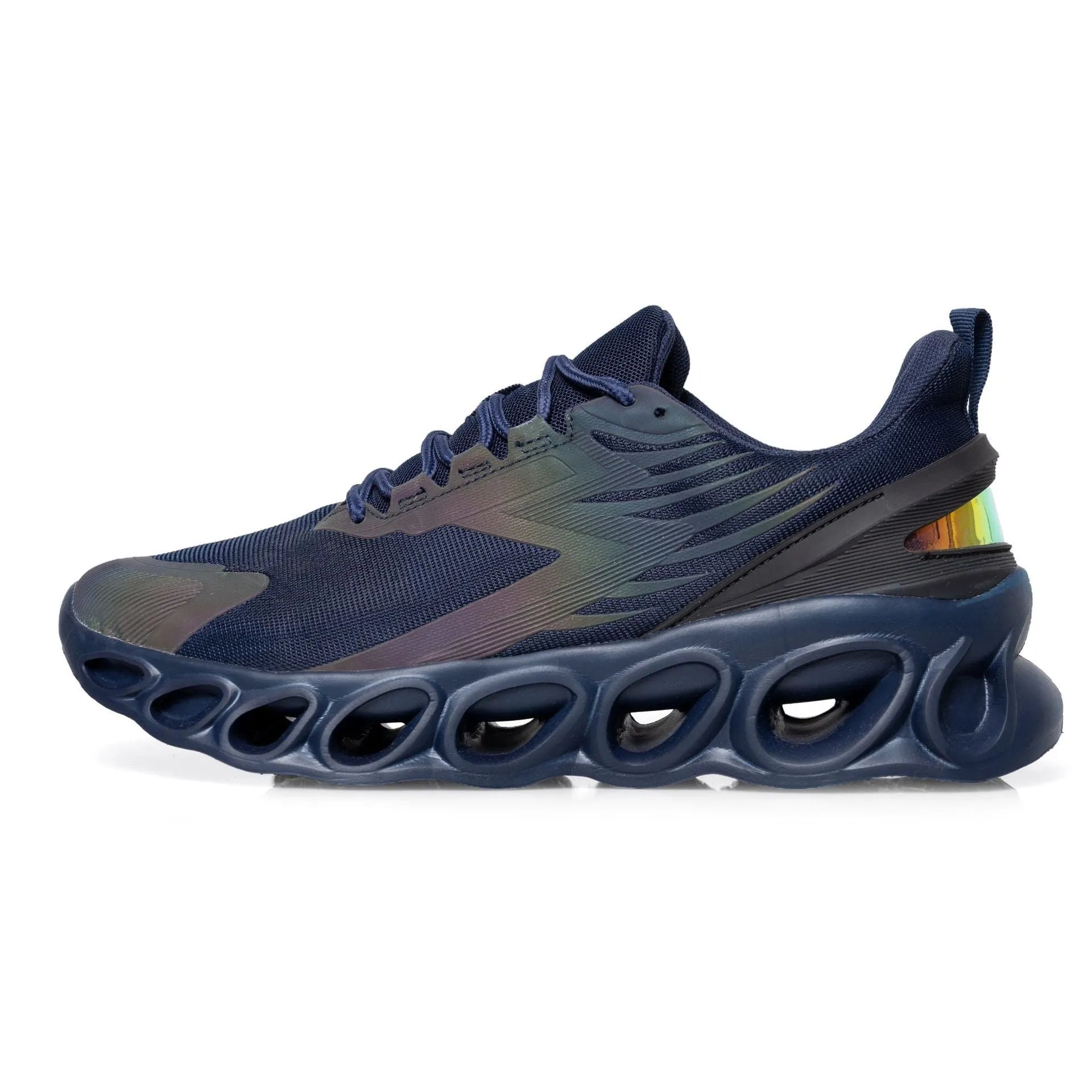 Men's low-top black mesh casual sports shoes with white laces and a light EVA sole.