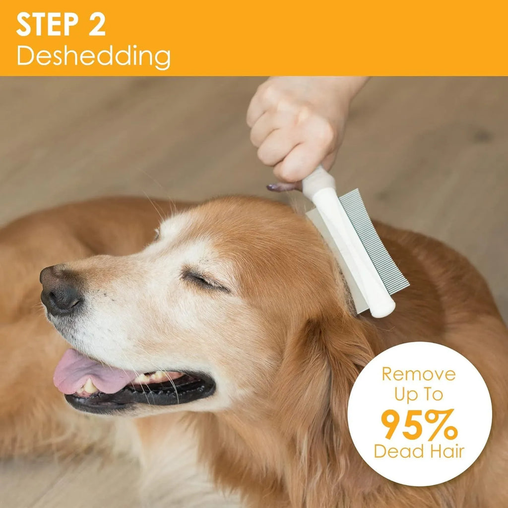 White 2-in-1 pet brush with a double-sided head and ergonomic anti-slip handle.