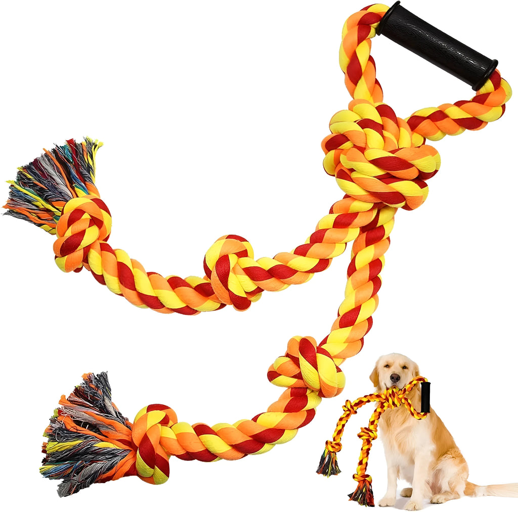 Large blue and yellow cotton rope dog toy with ergonomic handle for tug of war
