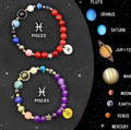 A set of two natural stone beaded bracelets featuring charms for the twelve zodiac signs.