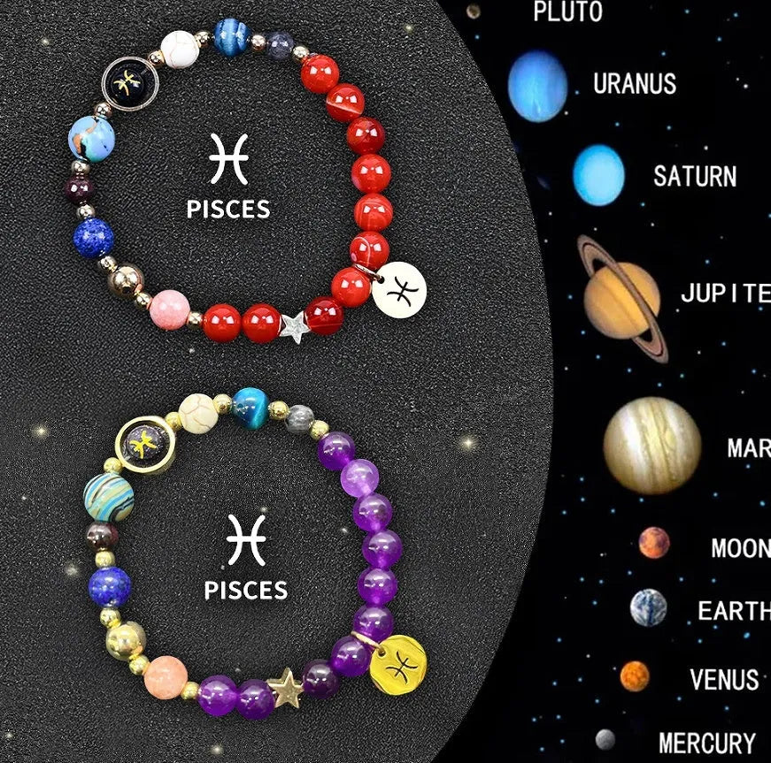 A set of two natural stone beaded bracelets featuring charms for the twelve zodiac signs.