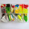 142-piece fishing lure suit set with hard mino sequins, metal hooks, and plastic lures arranged in case