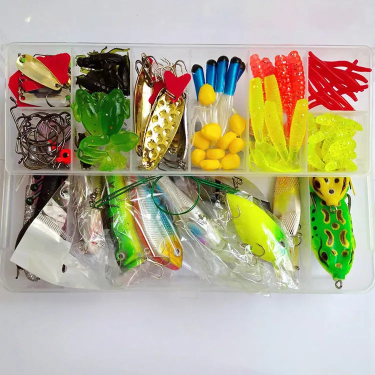 142-piece fishing lure suit set with hard mino sequins, metal hooks, and plastic lures arranged in case