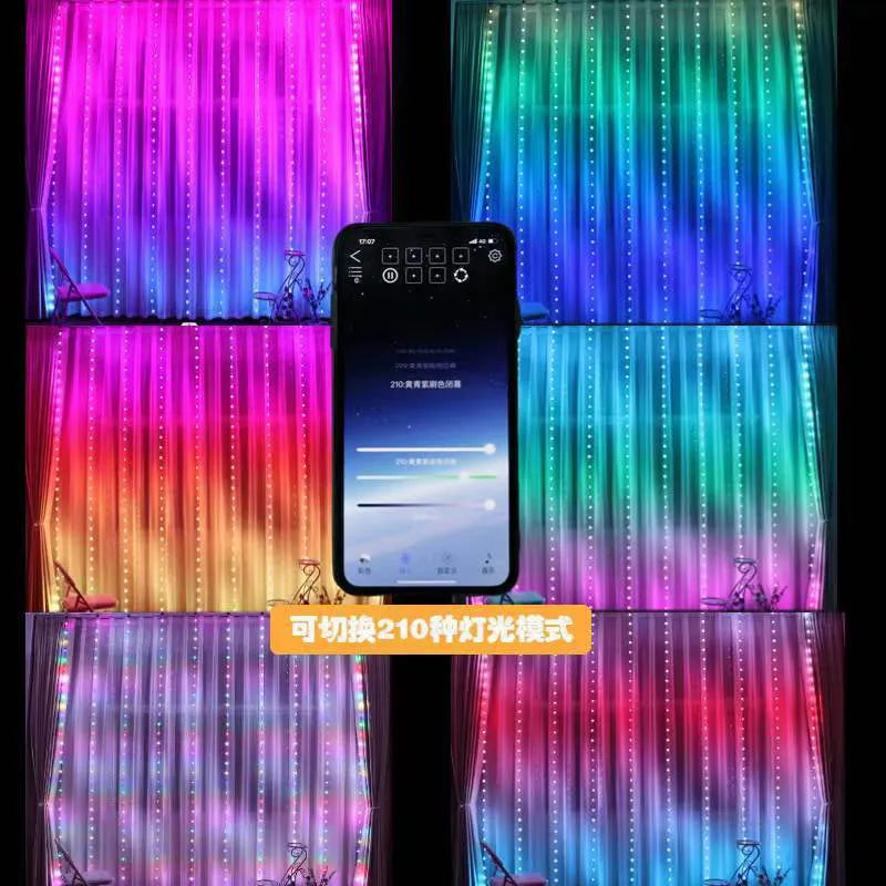 Programmable magic curtain light with 400 LEDs, Bluetooth APP control, and leather wire casing in decorative use
