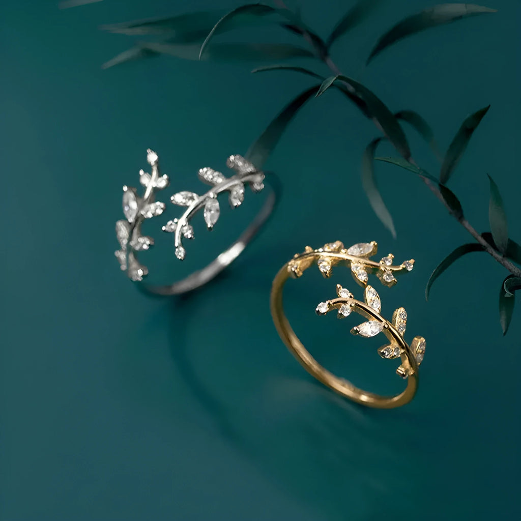 Women's copper leaf ring with geometric design in gold or silver electroplated finish
