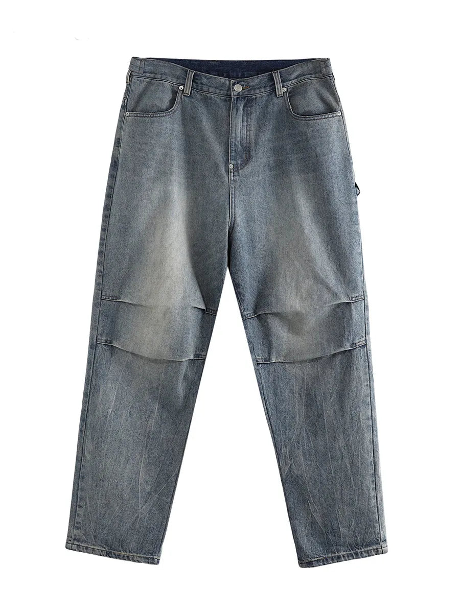 Light wash grey baggy oversized denim jeans with pleats, straight leg, 100% cotton, distressed washed blue