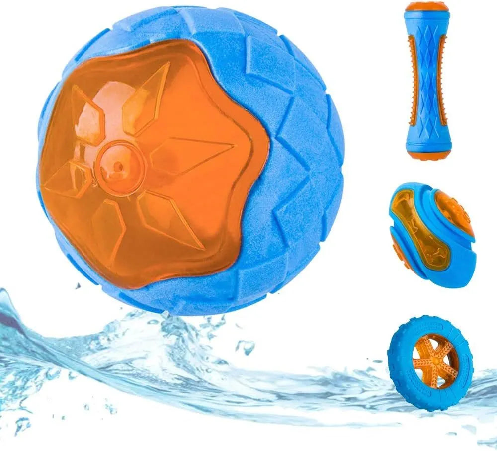 Set of three TPR dog toys: a ball, a barbell, and a tyre with bumpy textures, floating in water.