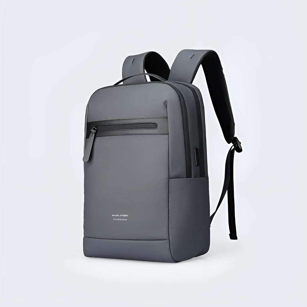 Graphite grey Oxford cloth USB charging business backpack with sewn details.