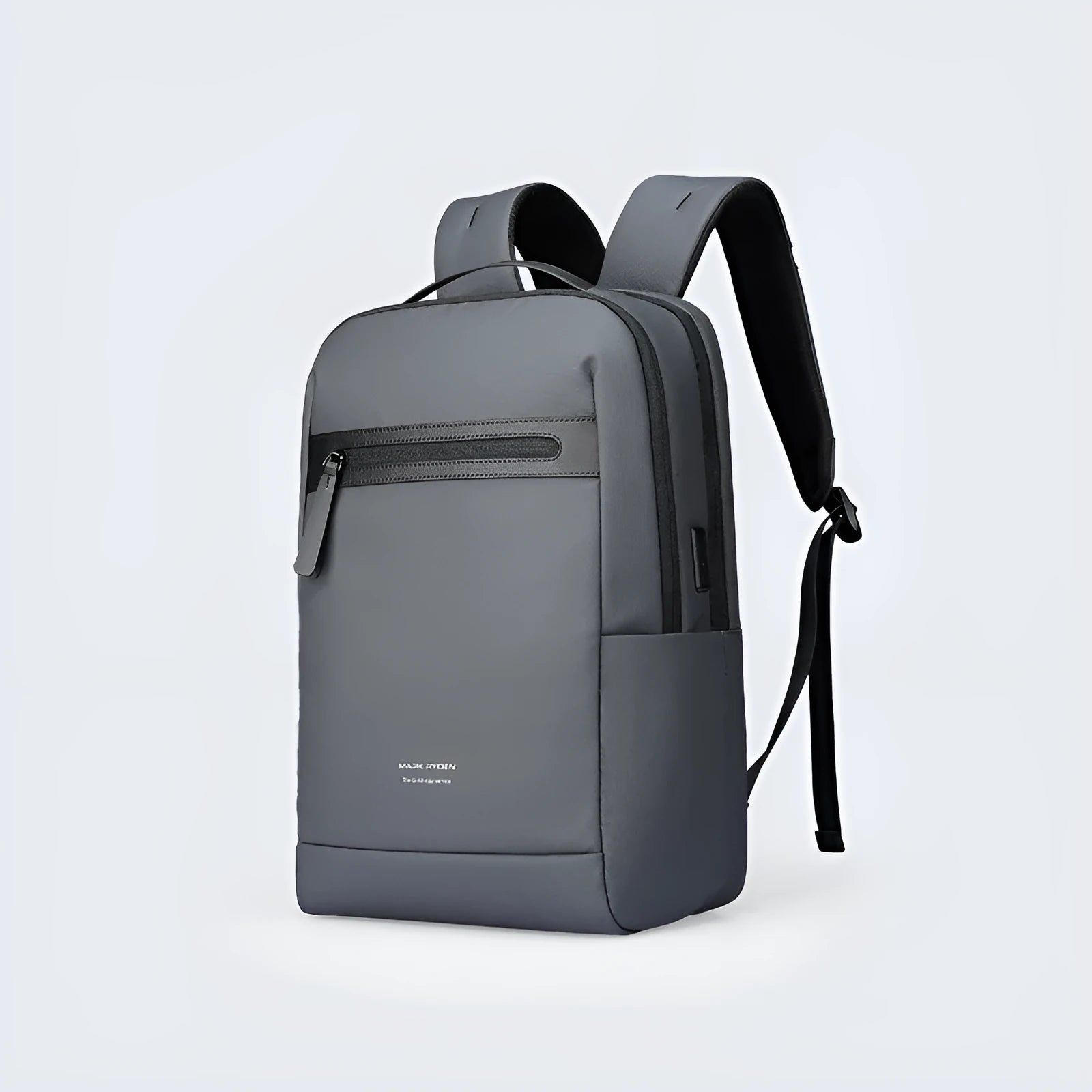 Graphite grey Oxford cloth USB charging business backpack with sewn details.