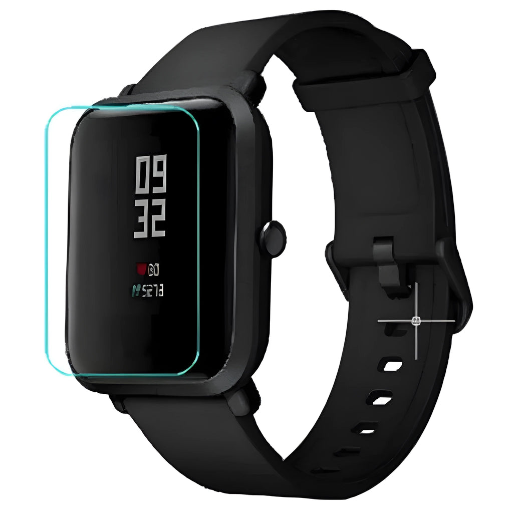 Amazfit Bip S hydrogel screen protector film shown on a smartwatch, demonstrating full front coverage.