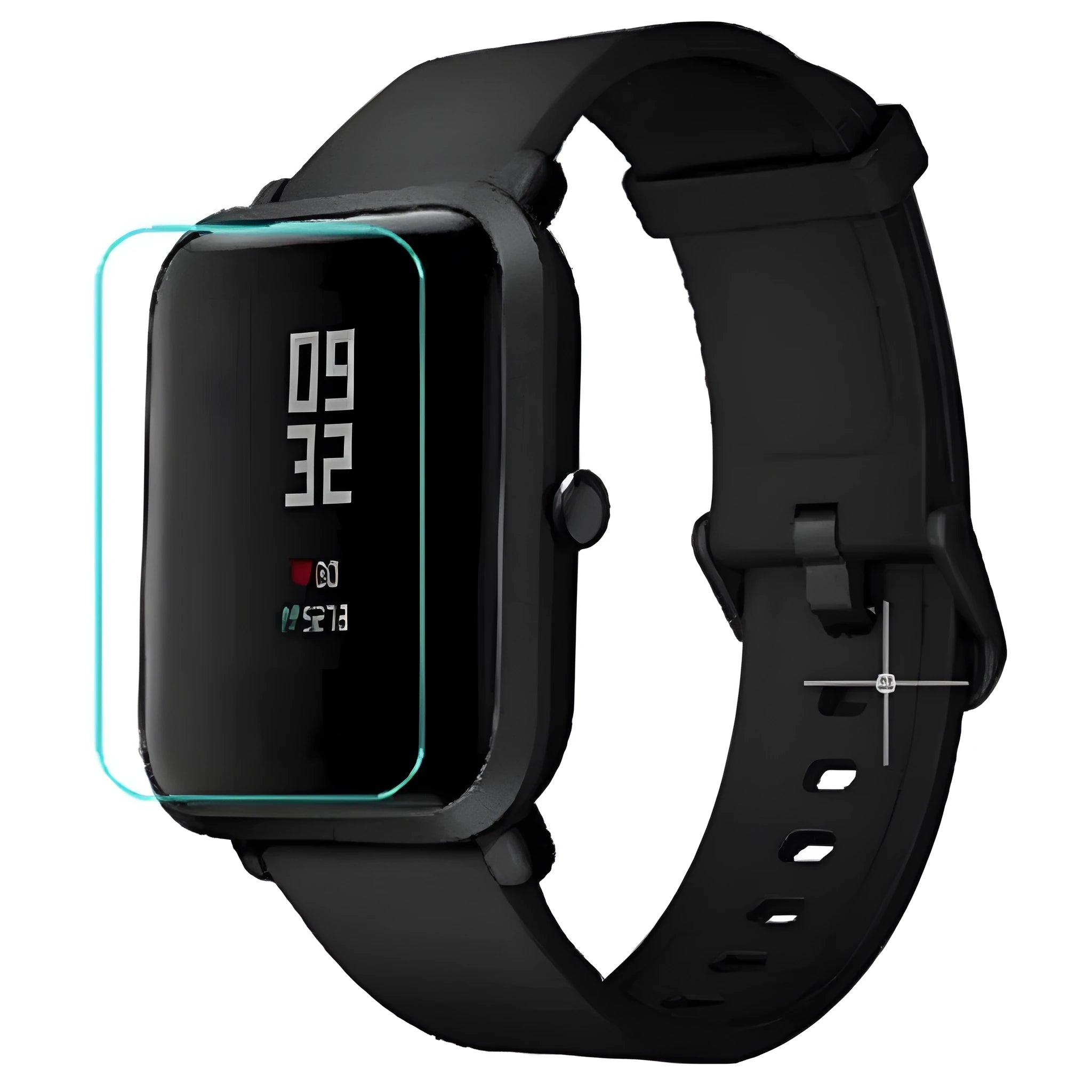 Amazfit Bip S hydrogel screen protector film shown on a smartwatch, demonstrating full front coverage.