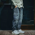Men's blue loose straight retro fashion stretch pants with zip placket fly for leisure wear