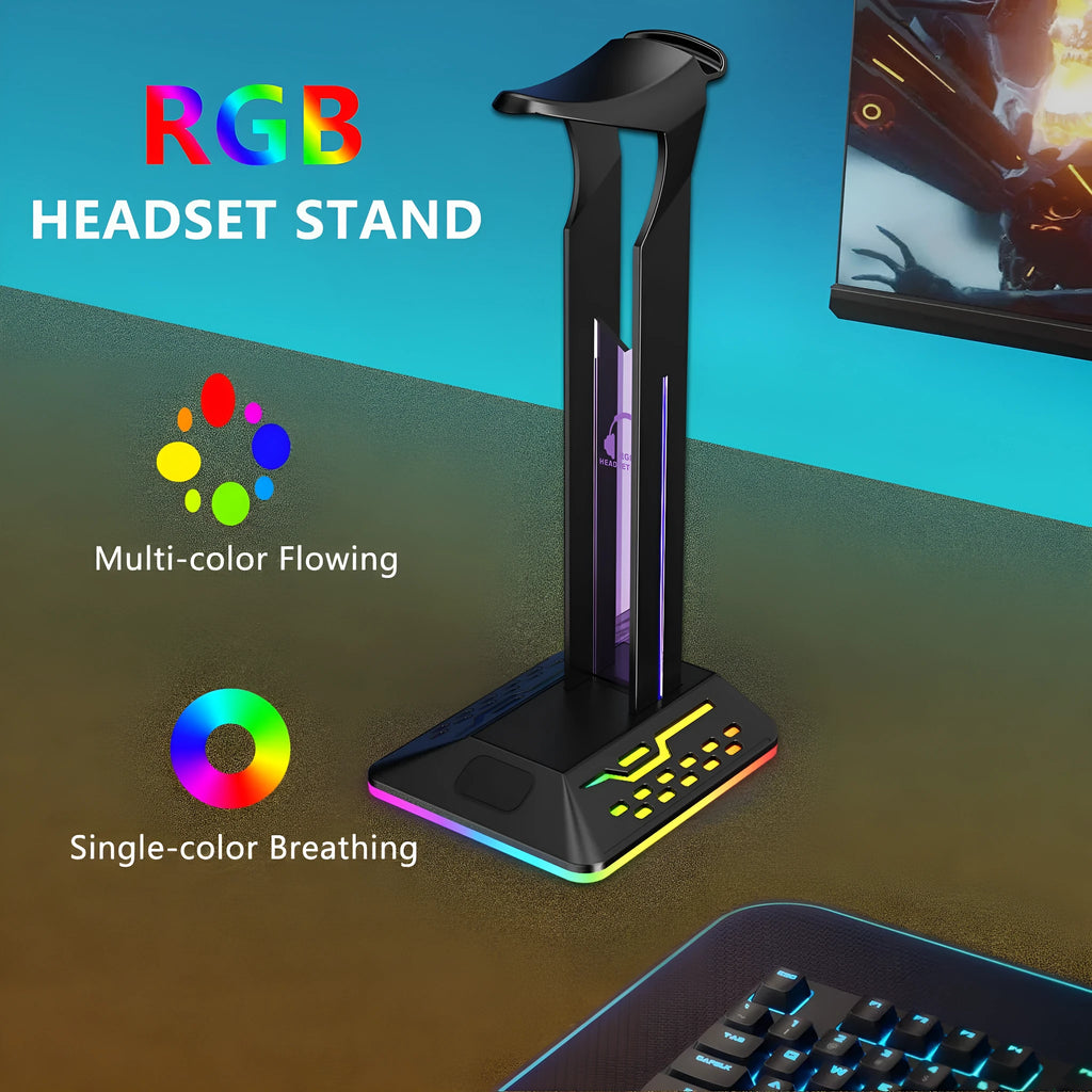 RGB headphone bracket with colour-changing LED lights and dual USB ports displaying headphones