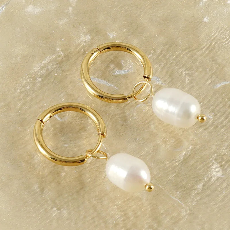 Gold geometric stainless steel earrings with pearl decorative element for women