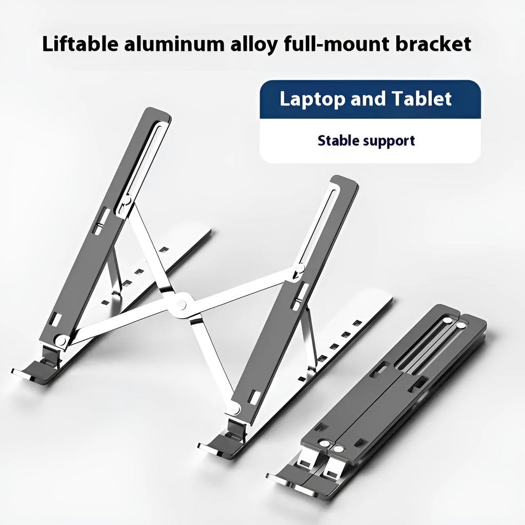 Silver aluminium alloy folding laptop stand with silicone padding for 16-inch or 18-inch devices