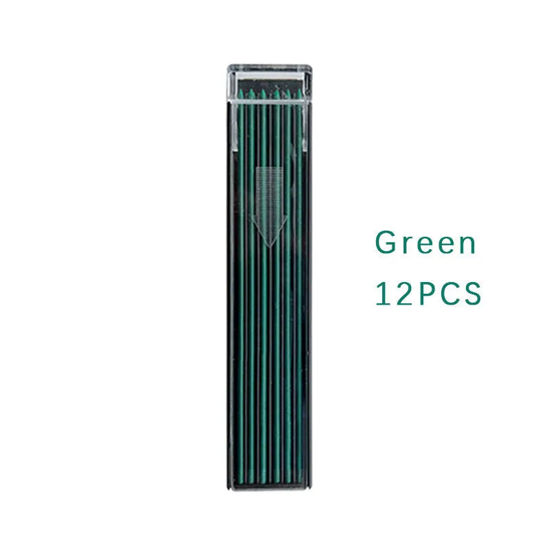 Plastic case containing 12 pieces of 0.5mm erasable mechanical pencil lead refills in rainbow and standard colours