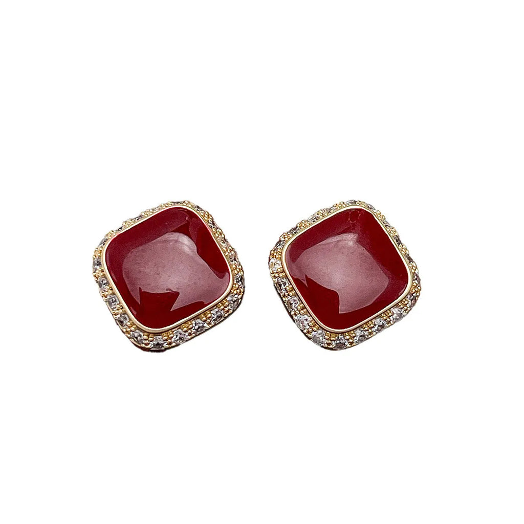 Red alloy plate earrings with inlaid square geometric design for women
