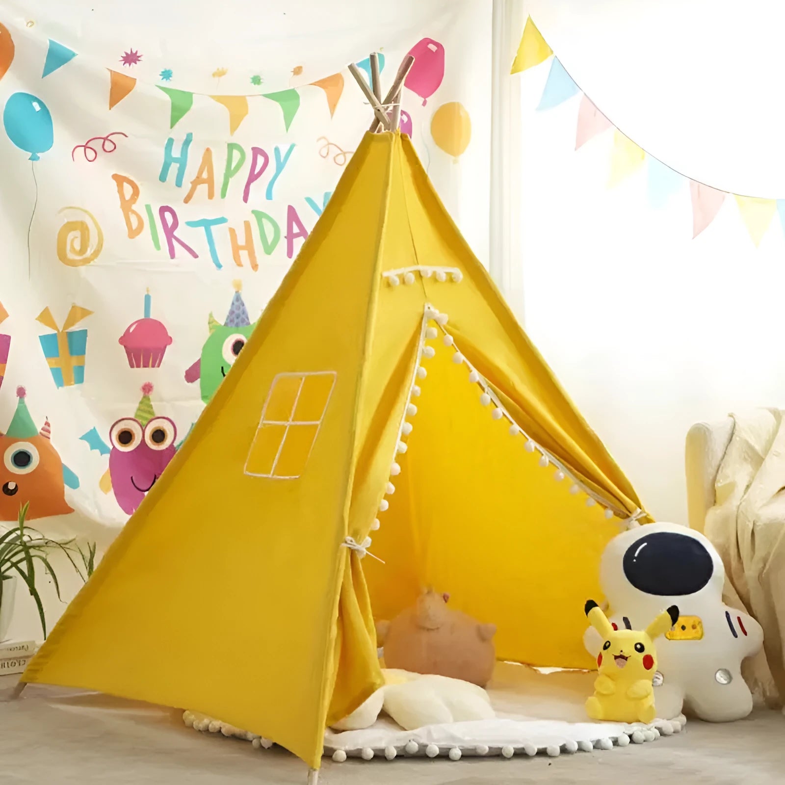 Children's indoor wood frame play tent in princess pink fur ball style with castle design for imaginative play