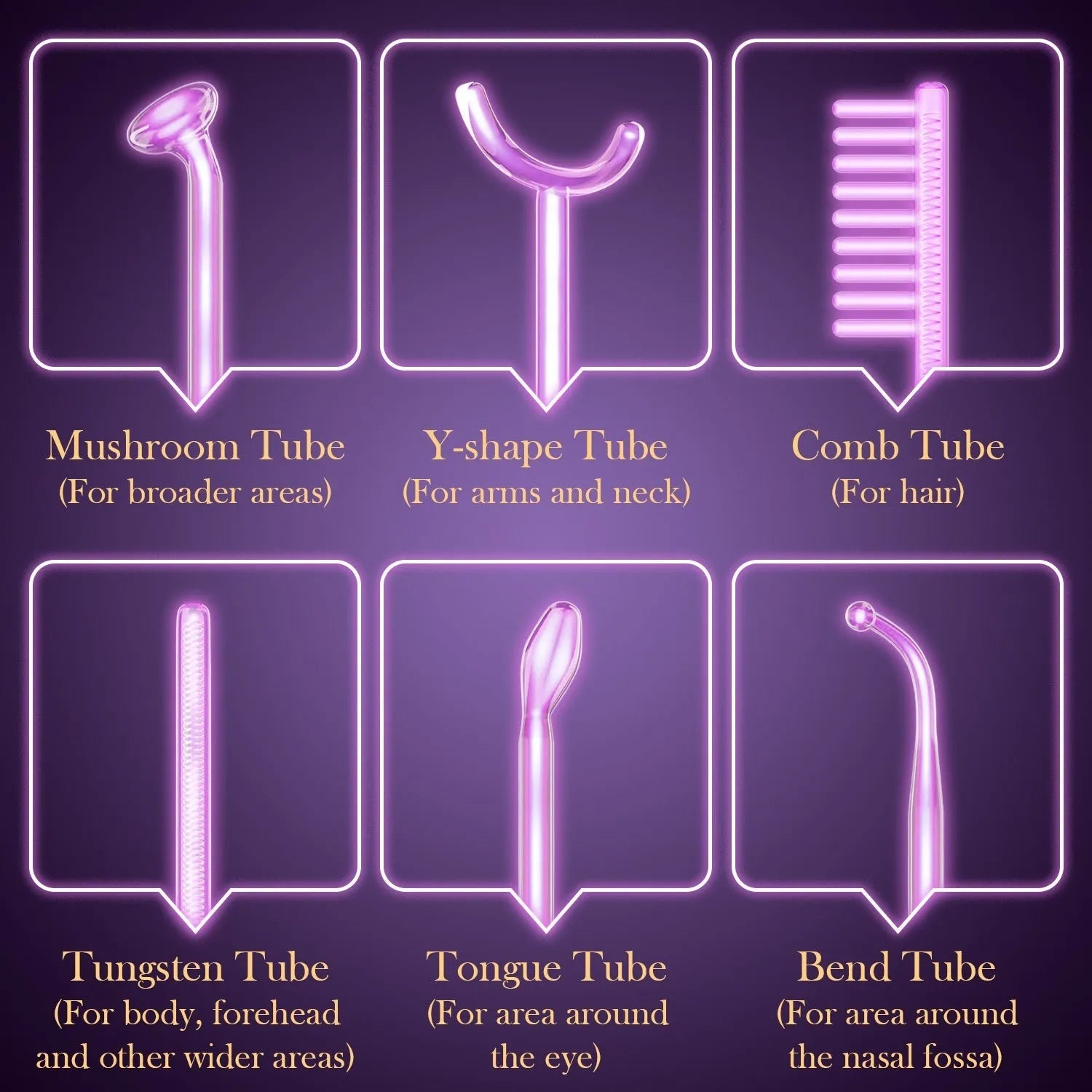 Purple Eutic six-piece high-frequency beauty instrument with six accessory heads for electrotherapy treatments.