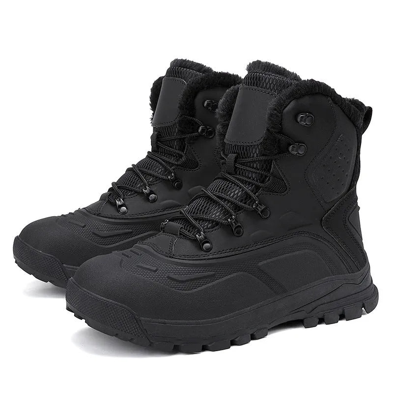 Men's black high-top lace-up boots with fleece lining, shown on a size chart