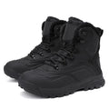 Men's black high-top lace-up boots with fleece lining, shown on a size chart