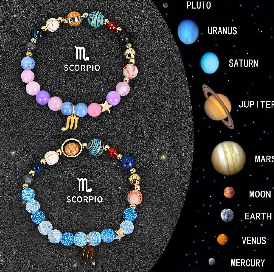 Natural stone zodiac sign beaded bracelet set showing elastic design with astrological symbols