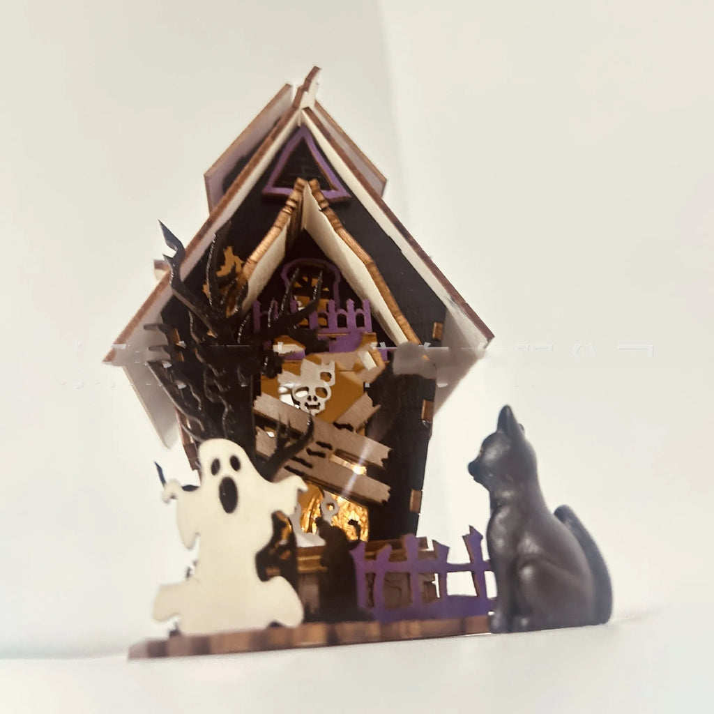 Unlit wooden DIY haunted house decoration measuring 14x10.5x19cm for Halloween table display
