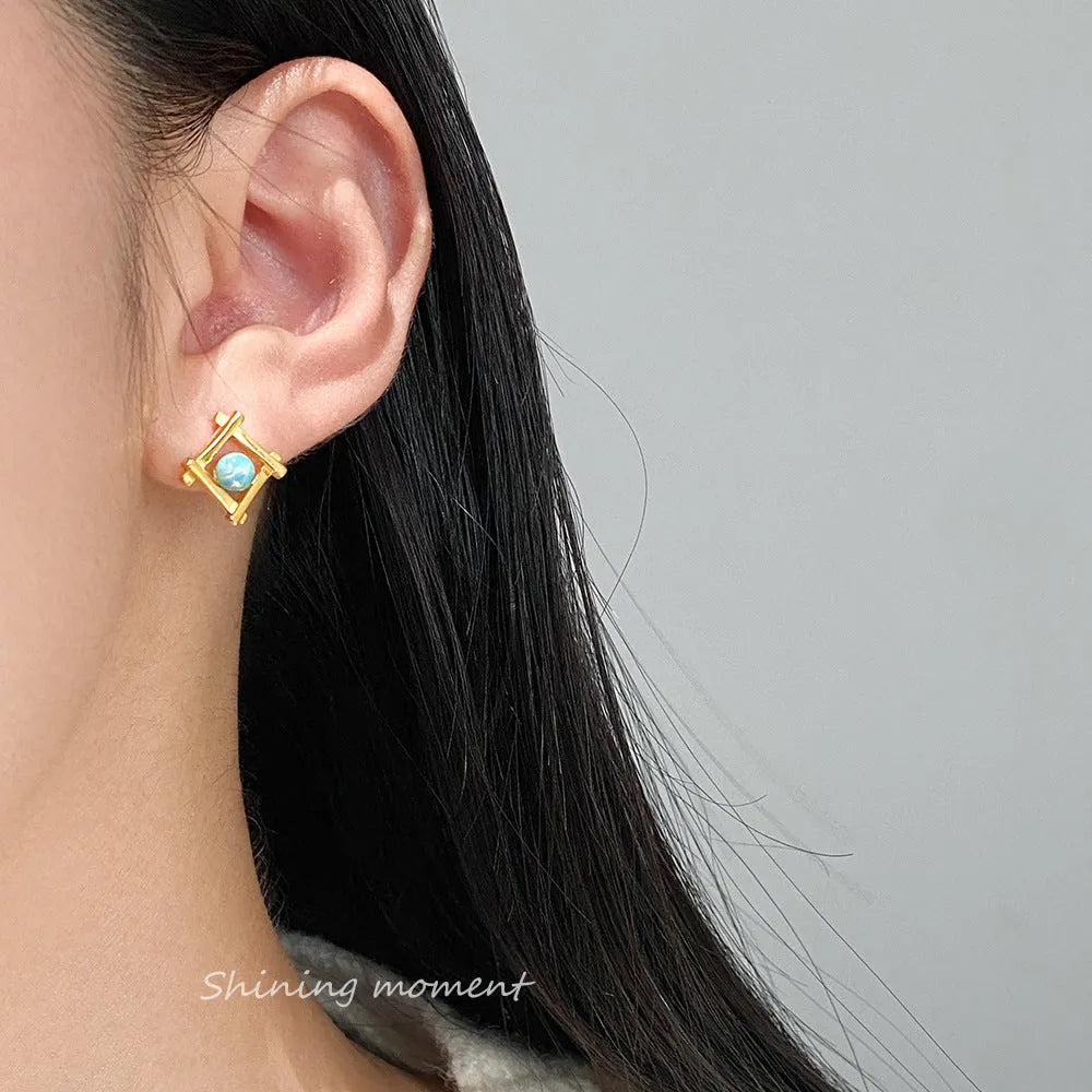 Geometric cross quadrangle stud earrings in 925 silver with gold or silver plating options
