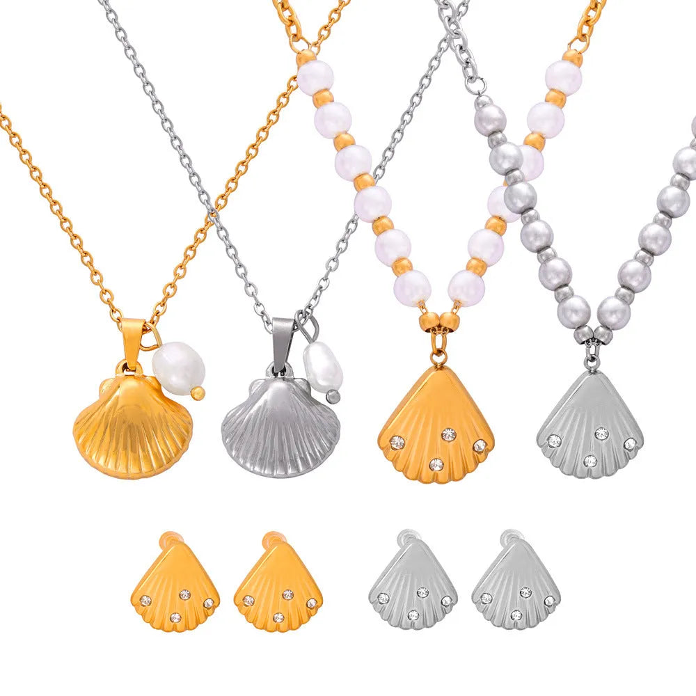 French vintage shell jeweled pendant necklace with titanium steel chain and freshwater pearl bead