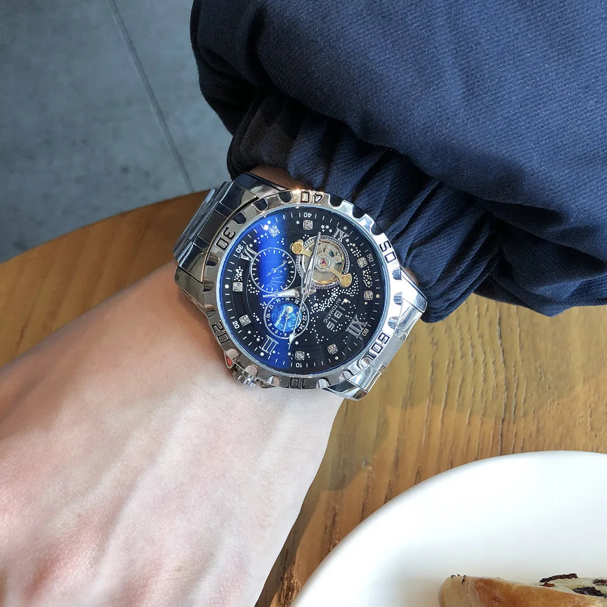 Men's silver case automatic mechanical watch with black genuine leather strap and luminous waterproof features