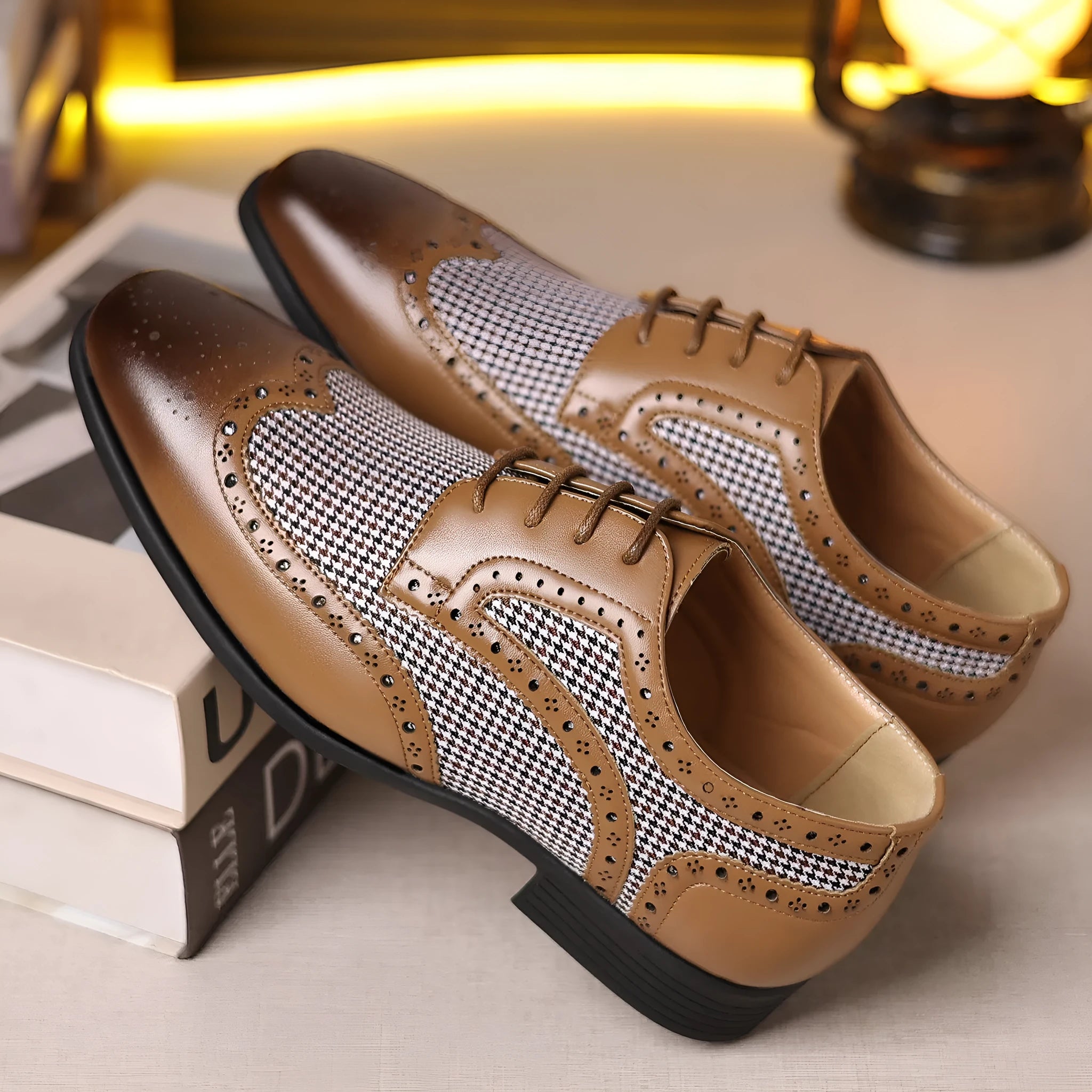 Men's black houndstooth plaid casual shoes with square toe and lace-up front.
