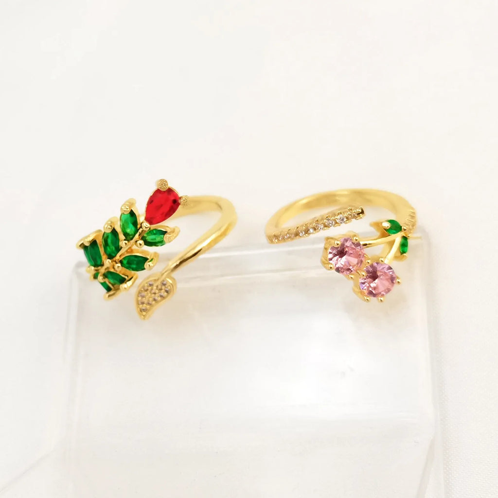 Copper geometric open ring with micro-inlaid zircon leaf pattern in national style design