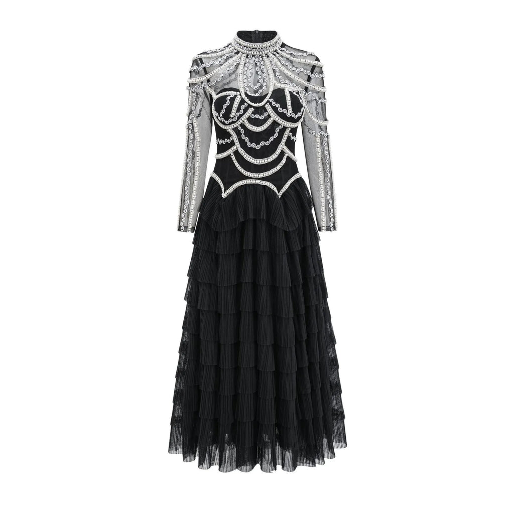 Women's long sleeve beaded dress in polyester fabric with mid waist design
