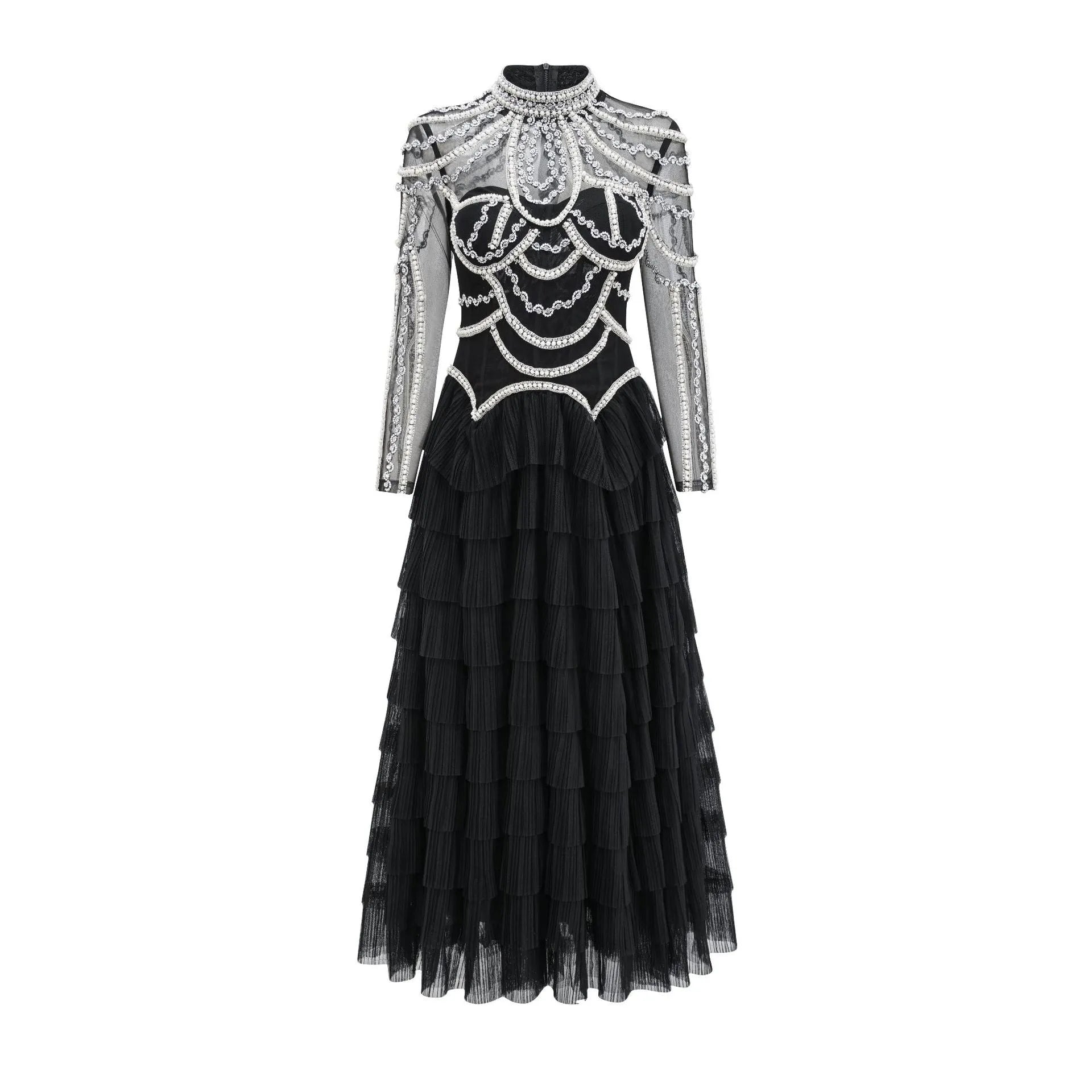 Women's long sleeve beaded dress in polyester fabric with mid waist design