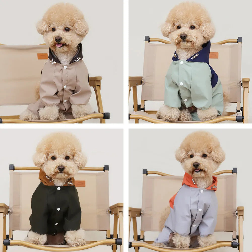 British style waterproof dog jacket for small medium dogs in khaki, light green, army green, or orange.