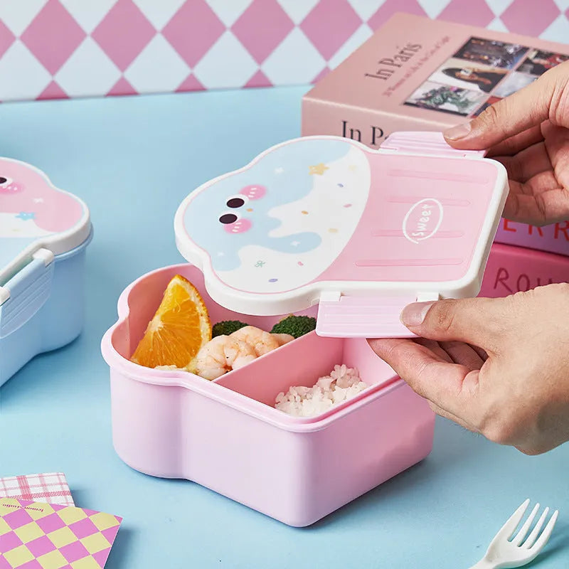 Plastic ice cream shaped lunch box in pink or blue with spoon and fork for students