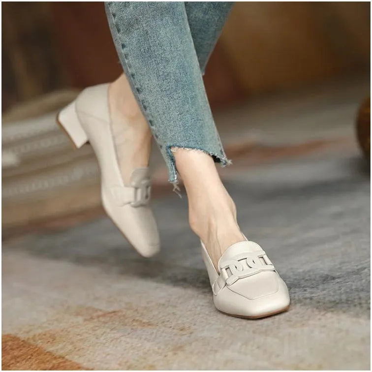 British style chunky heel pumps women's loafer square toe solid colour microfiber lining
