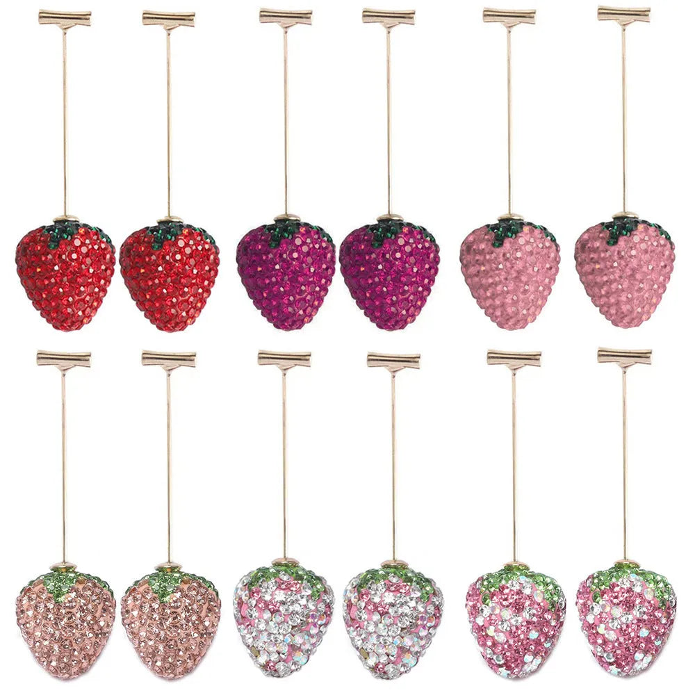 Geometric spot drill strawberry stud earrings for women in red, pink, purple, champagne, pink white or white powder.
