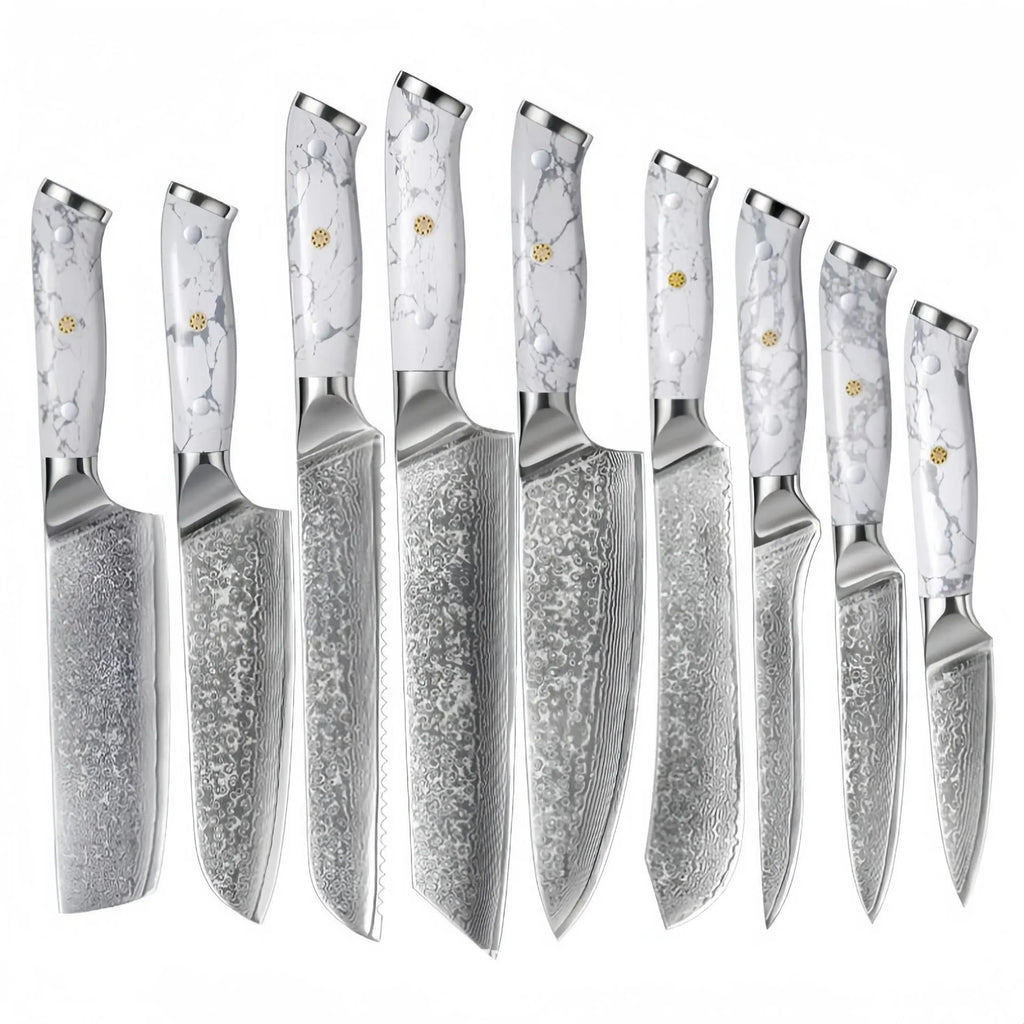 Damascus pattern chef's knife with 21cm blade and 11cm handle showing modern simple design