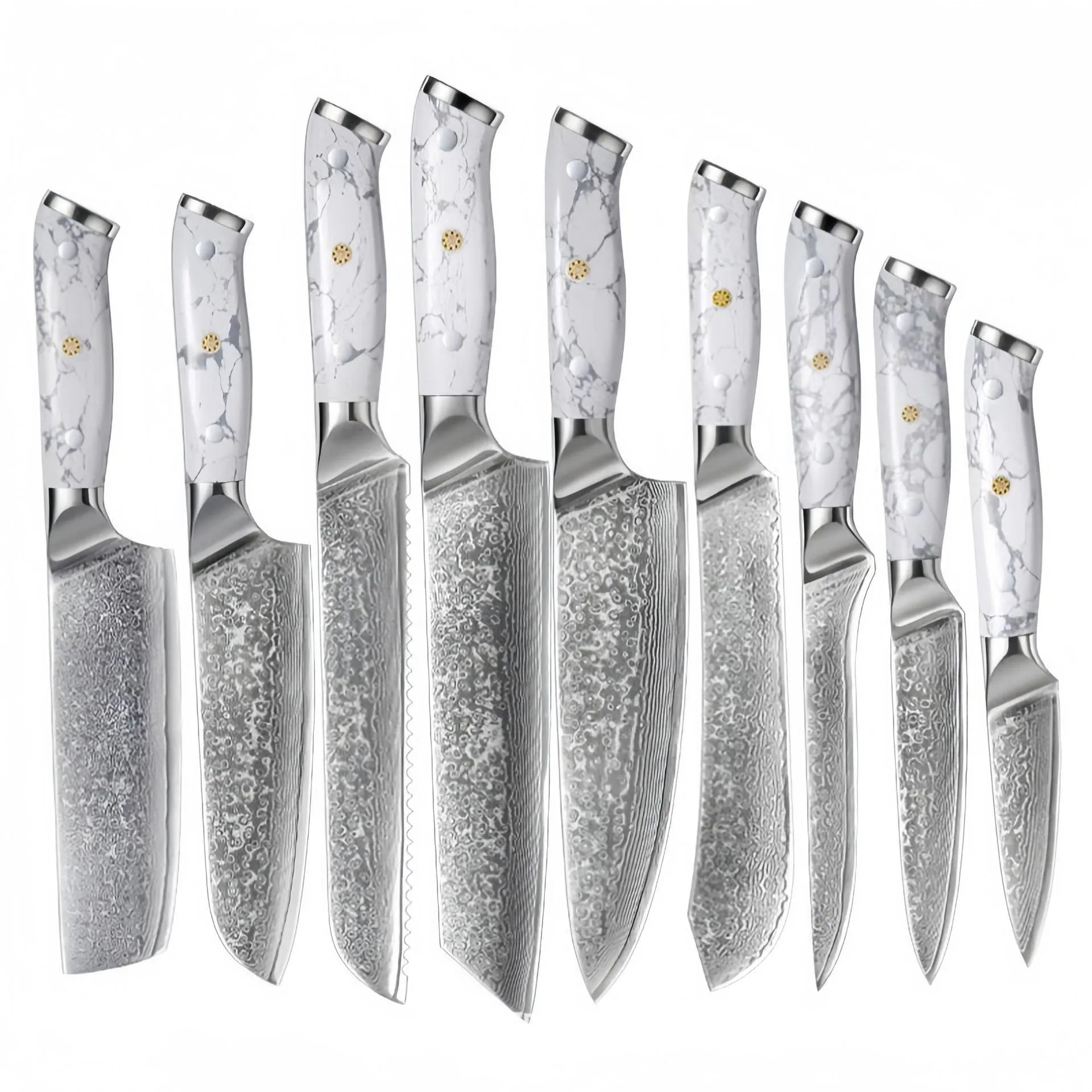 Damascus pattern chef's knife with 21cm blade and 11cm handle showing modern simple design